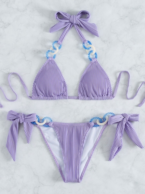 

URBANIC Women Purple Striped Swim Bikini Set