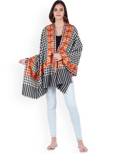

MUFFLY Women Black & White Printed Pashmina Wool Nalki Border Embroidered Shawl