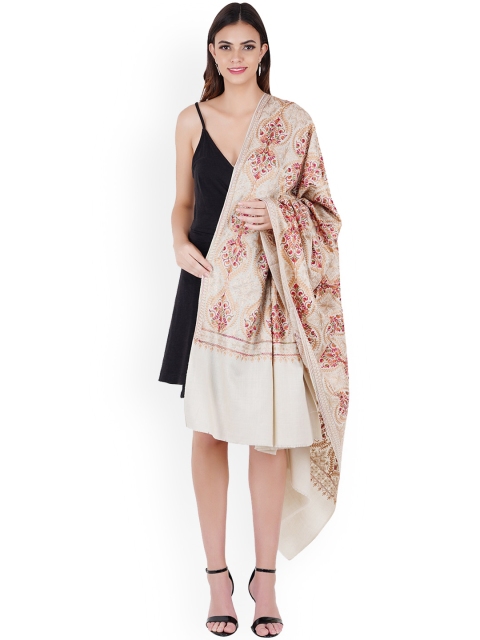 

MUFFLY Cream Embroidered Woven-Design Woolen Shawl