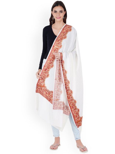 

MUFFLY White & Red Pashmina Wool Nalki Border Embroidered Shawl