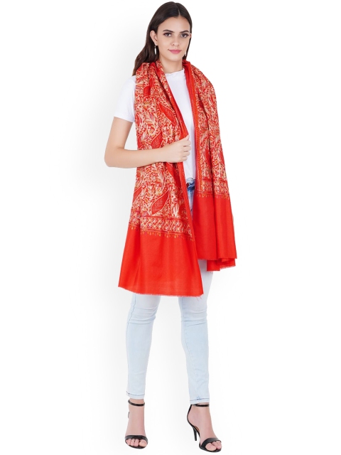 

MUFFLY Red Nalki Embroidery Pashmina Woolen Shawl