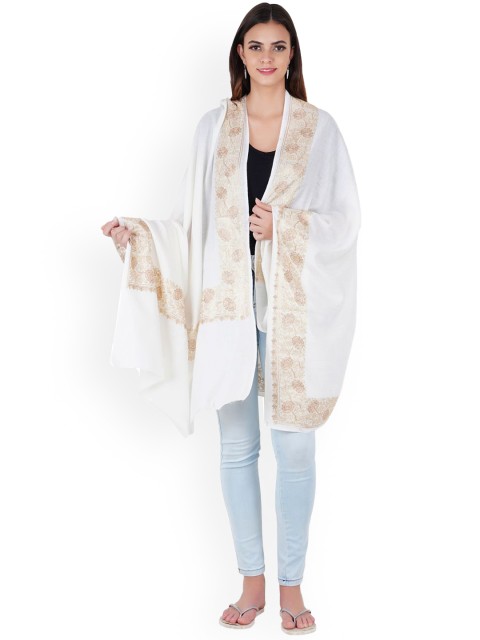

MUFFLY White Nalki Embroidery Pashmina Woolen Shawl