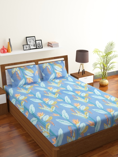 

Rubix Home Blue & Orange Floral 144 TC Queen Bedsheet with 2 Pillow Covers