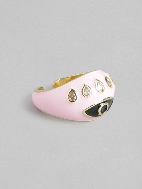 

Pipa Bella Gold-Toned & Pink Enamelled Stone-Studded Evil Eye Finger Ring