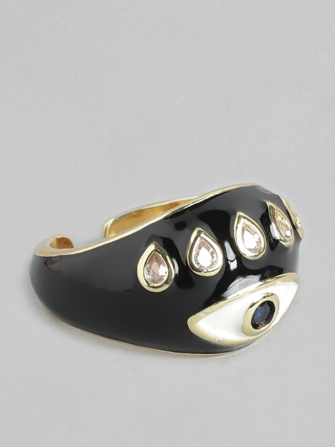 

Pipa Bella Gold-Toned & Black Enamelled Stone-Studded Evil Eye Finger Ring