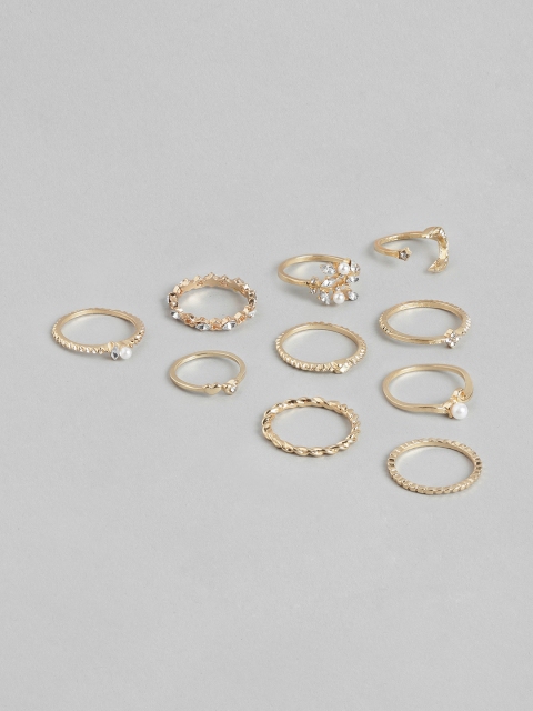 

Pipa Bella Set of 10 Gold-Toned Stone-Studded & Beaded Finger Ring