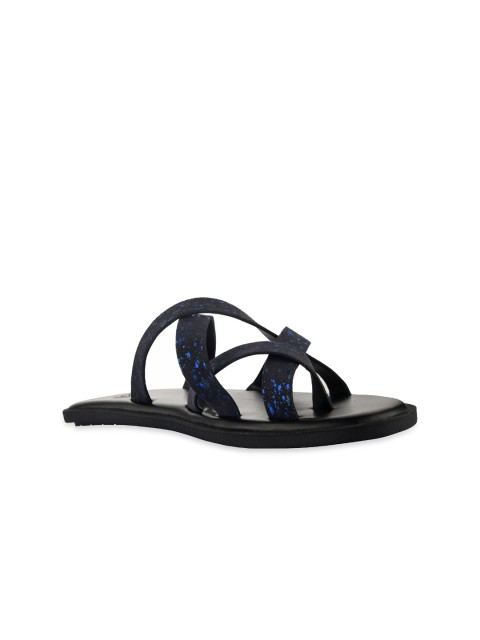 

SKO Men Blue & Black Leather Comfort Sandals