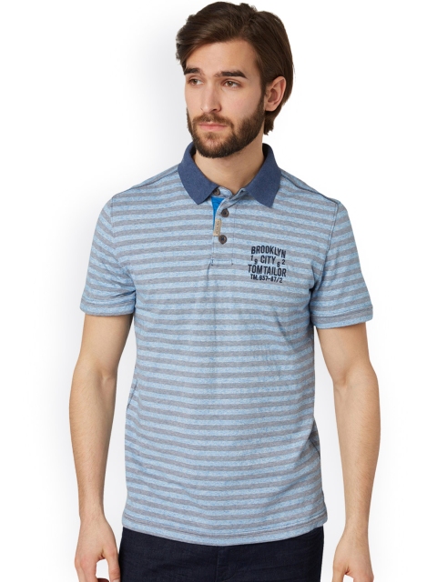 

Tom Tailor Men Blue & Grey Striped Polo T-shirt