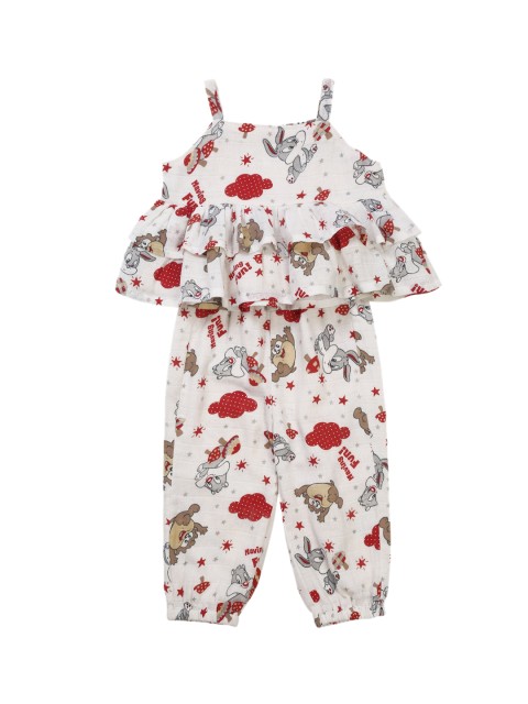 

Little Musketeer Girls Off-White & Red Printed Layered Pure Cotton Top with Joggers