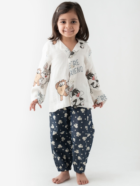 

Little Musketeer Girls Blue & White Printed Pure Cotton Shirt with Pyjamas
