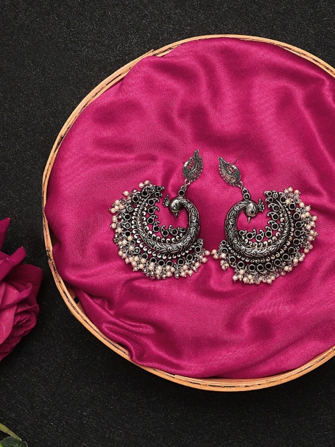 

KACY Silver-Toned Peacock Shaped Oxidised Drop Earrings