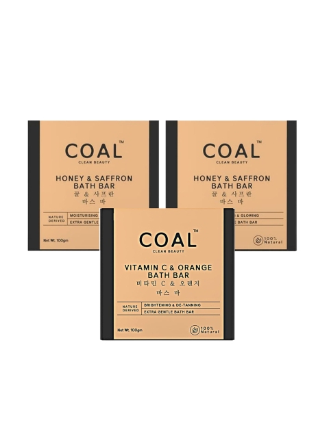 

COAL CLEAN BEAUTY Bathing Soap Set - 2 Honey & Saffron + 1 Vitamin C & Orange - 100g Each, Beige