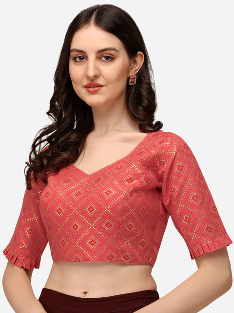 

Fab Viva Women Red Jacquard Coral V-Neck Blouse