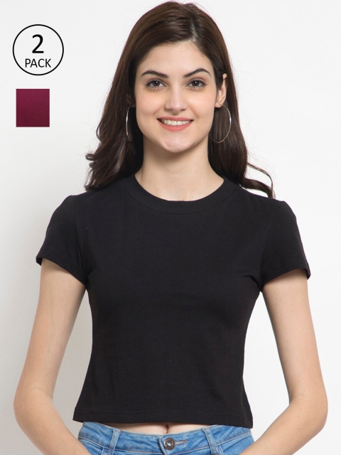 

FEMEA Women Pack of 2 Black & Burgundy Crop Top