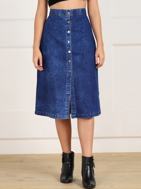 

MONTREZ Women Blue Solid Denim Midi Straight Washed Skirts