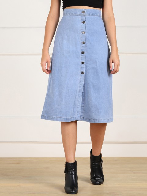 

MONTREZ Women Blue Pure Cotton Midi A-Line Denim Skirt