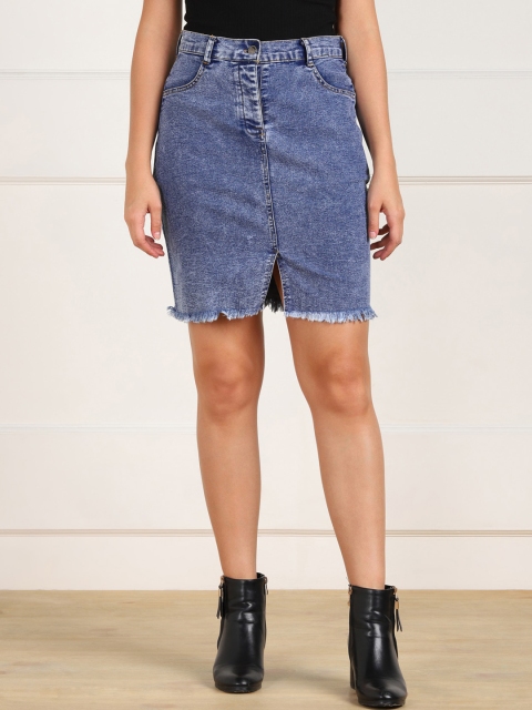 

MONTREZ Women Blast Blue Solid Denim Pencil Mini Washed Skirt