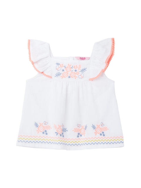 

R&B Girls White Floral Embroidered Pure Cotton Top