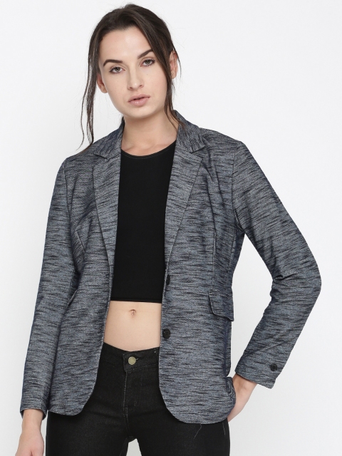 

ether Women Navy Melange Single-Breasted Casual Blazer, Navy blue