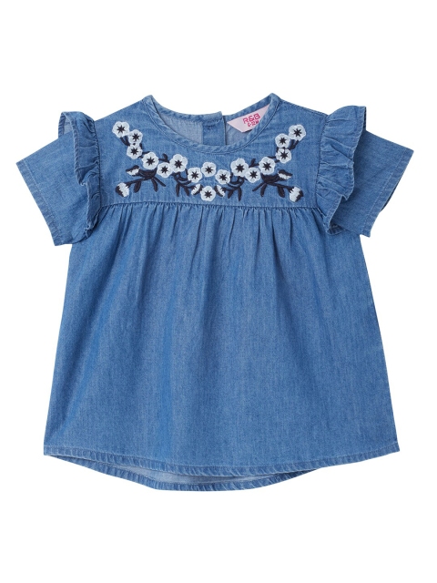 

R&B Girls Blue & White Solid Round Neck Cotton Top