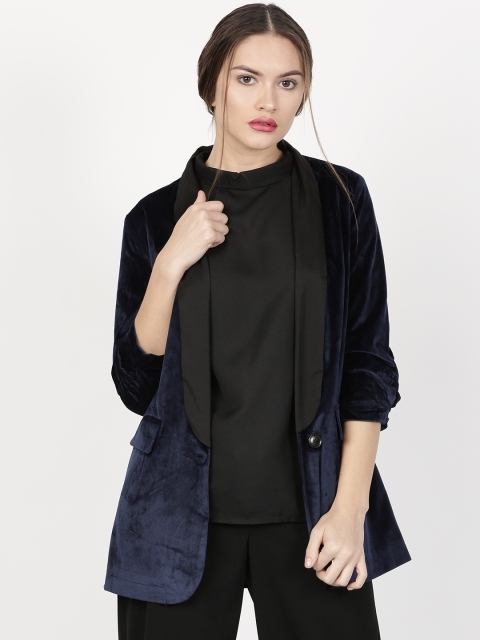 

ether Navy Velvet Single-Breasted Casual Blazer, Navy blue