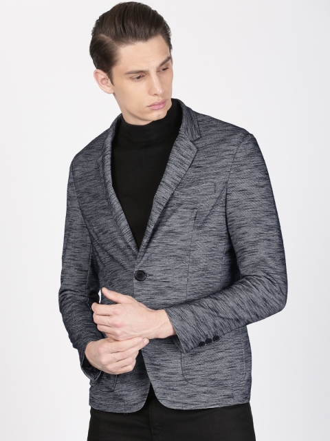 

ether Navy & Grey Melange Single-Breasted Regular Fit Casual Blazer, Navy blue