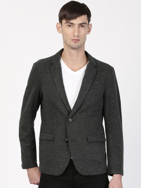 

ether Charcoal Grey Self Design Single-Breasted Regular Fit Knitted Casual Blazer