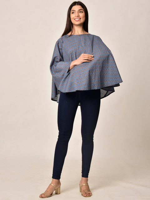 

CRAFIQA Blue Printed Nursing Cotton Cover Poncho