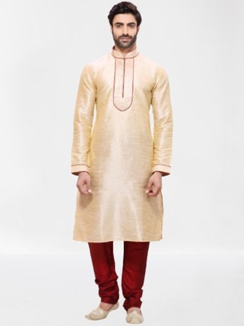 

RG DESIGNERS Men Beige Raw Silk Kurta with Churidar