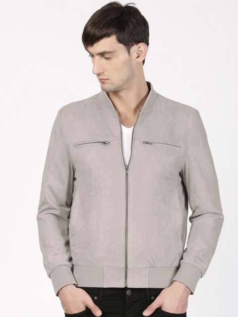 

ether Men Grey Solid Bomber Jacket