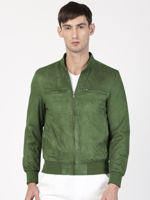 

ether Men Green Solid Bomber Jacket