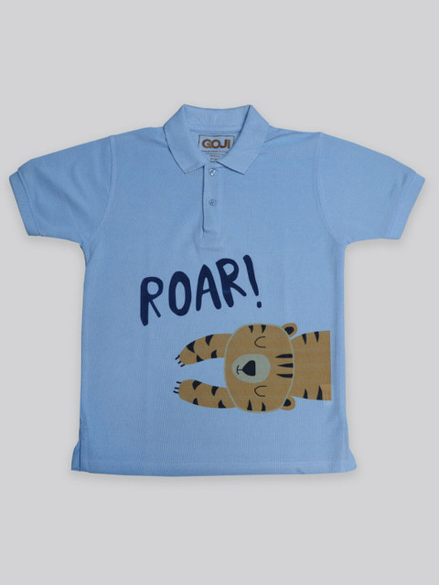 

GOJI Boys Blue Typography Printed Polo Collar Applique T-shirt