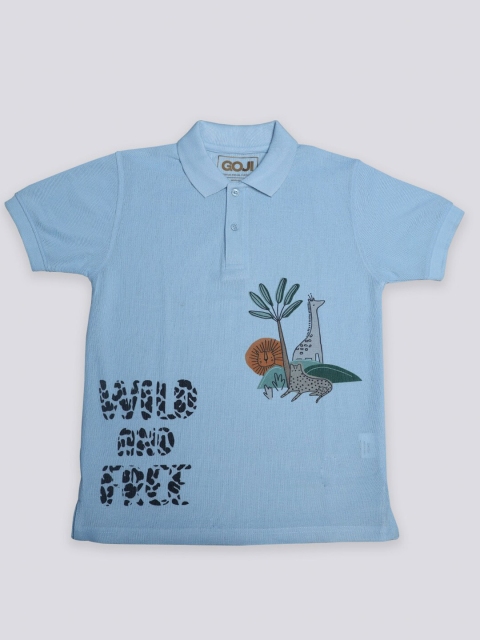 

GOJI Boys Blue Printed Polo Collar Applique T-shirt