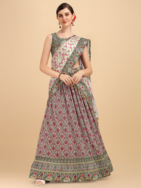 

Amrutam Fab Green & Pink Printed Semi-Stitched Lehenga & Unstitched Blouse With Dupatta