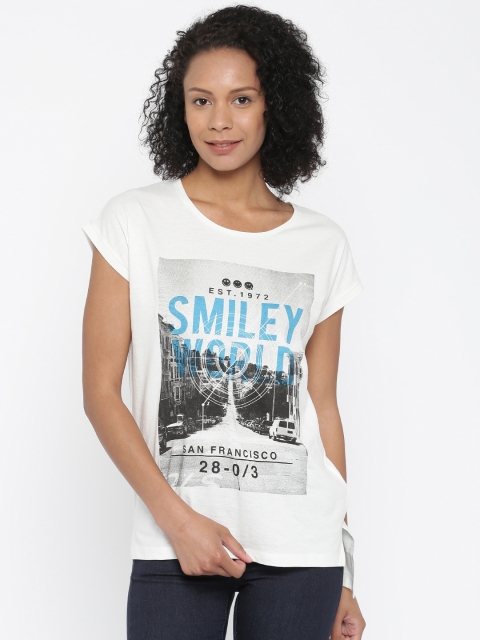 

Smiley World Women Off-White Printed High-Low Top