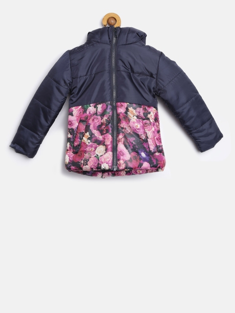 

YK Girls Navy Floral Print Hooded Padded Jacket, Navy blue