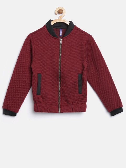 

YK Girls Maroon Self-Design Bomber Jacket
