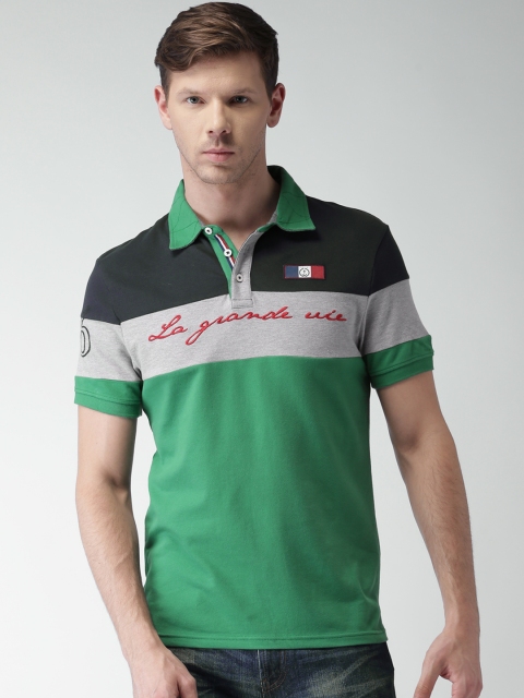 Celio Men Green & Navy Colourblocked Polo Collar T-shirt available at myntra for Rs.759
