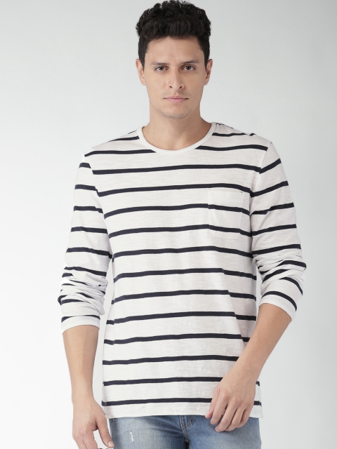 

Celio Men White Navy Striped Round Neck Pure Cotton T-shirt
