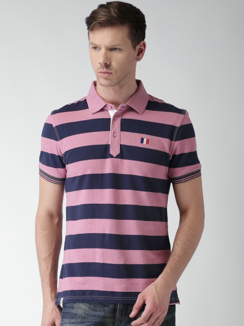 

Celio Men Pink & Navy Striped Polo Collar T-shirt