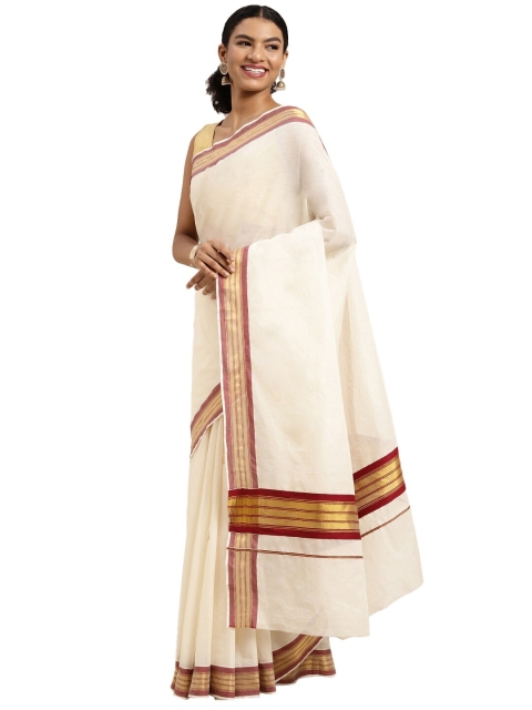 

Pavechas White & Gold-Toned Zari Pure Cotton Kasavu Saree
