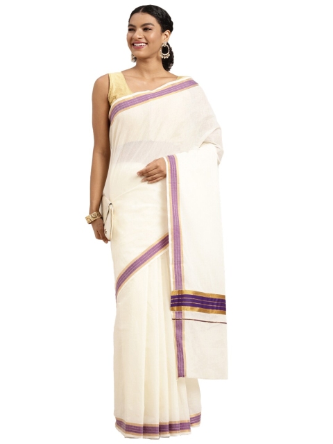 

Pavechas White & Purple Zari Pure Cotton Kasavu Saree