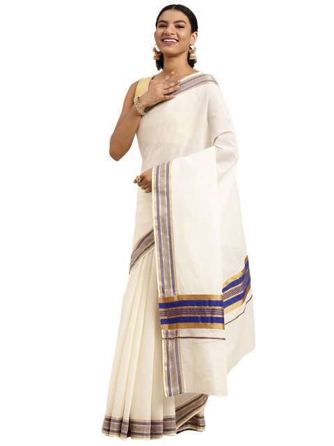 

Pavechas White & Blue Zari Pure Cotton Kasavu Saree