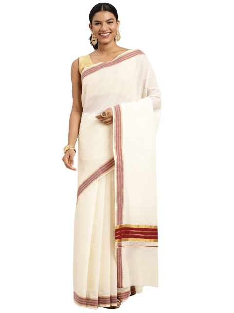 

Pavechas White & Maroon Zari Pure Cotton Kasavu Saree