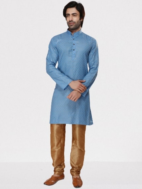 

RG DESIGNERS Men Blue Yoke Design Layered Raw Silk Kurti with Pyjamas