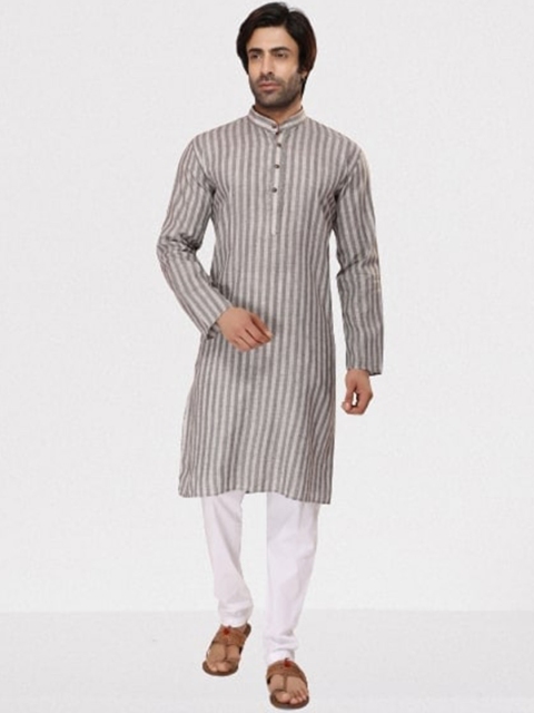 

RG DESIGNERS Men Silver-Toned Striped Angrakha Kurti with Pyjamas