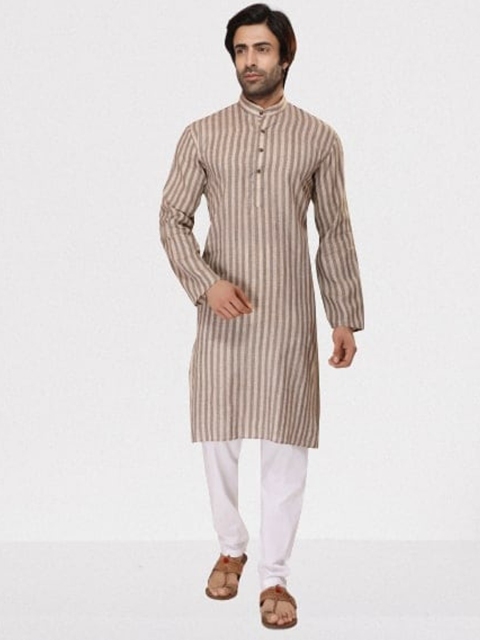 

RG DESIGNERS Men Gold-Toned Striped Angrakha Kurti with Pyjamas