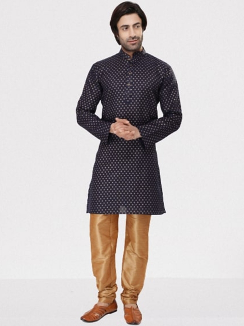 

RG DESIGNERS Men Navy Blue Angrakha Raw Silk Kurti with Pyjamas
