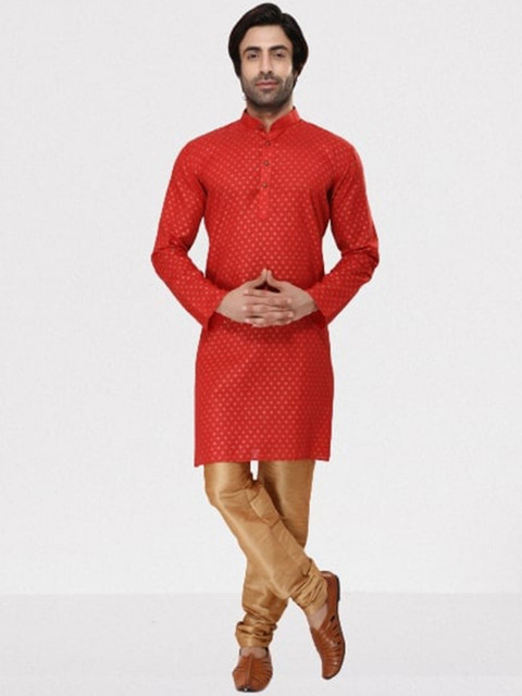 

RG DESIGNERS Men Red Layered Raw Silk Kurti with Pyjamas