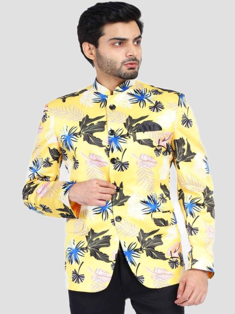 

TAHVO Men Yellow & Blue Printed Slim-Fit Single-Breasted Bandhgala Blazers